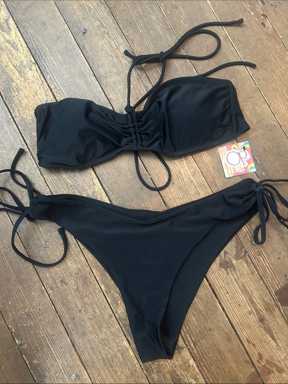 OP Black Strapless Ruched Bikini Set with Tie Sides